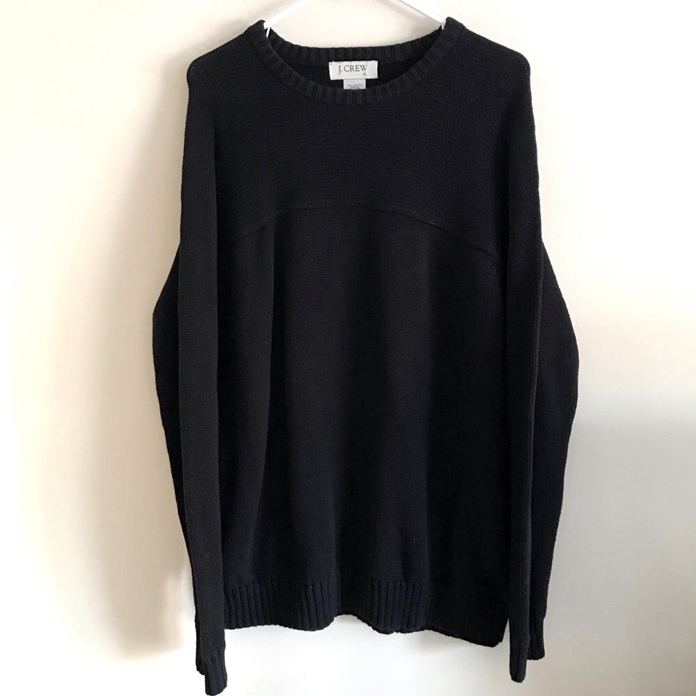 J. CREW 100% Cotton Knit Mens XL Black Heavyweight Crewneck Sweater Rib Hem